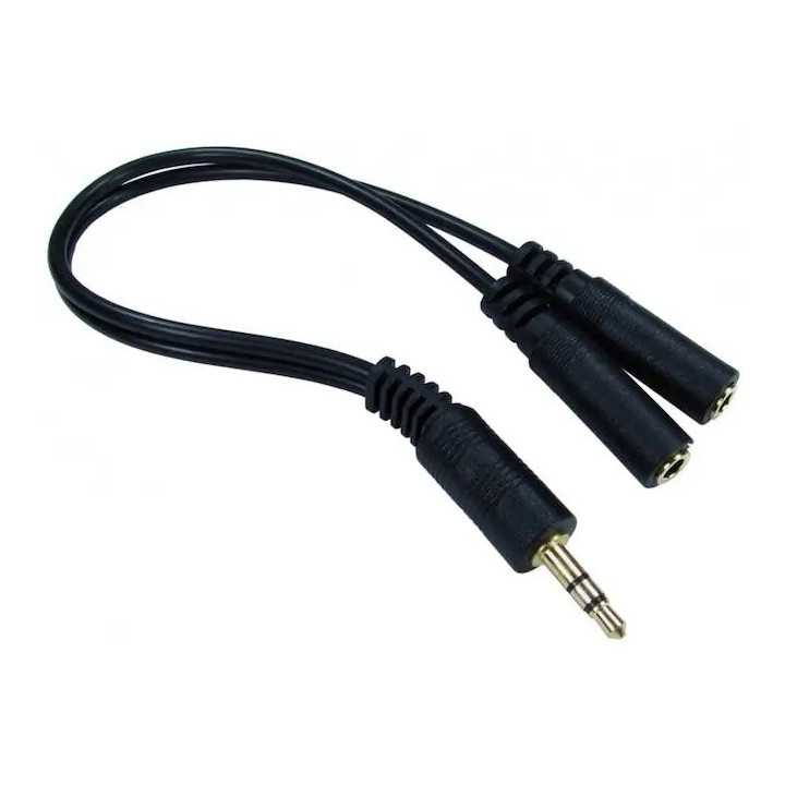 Cablu adaptor 25cm spliter 2x JACK 3.5 mm stereo mama - JACK 3.5 mm stereo tata negru