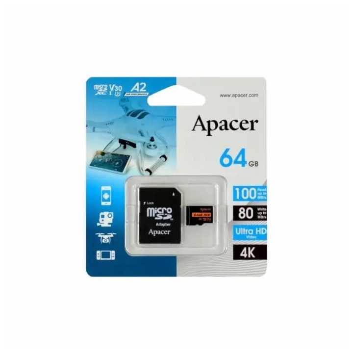 Card microSDXC UHS-I U3 V30 A2 Apacer 64GB R100 cu adaptor SD AP64GMCSX10U8-R