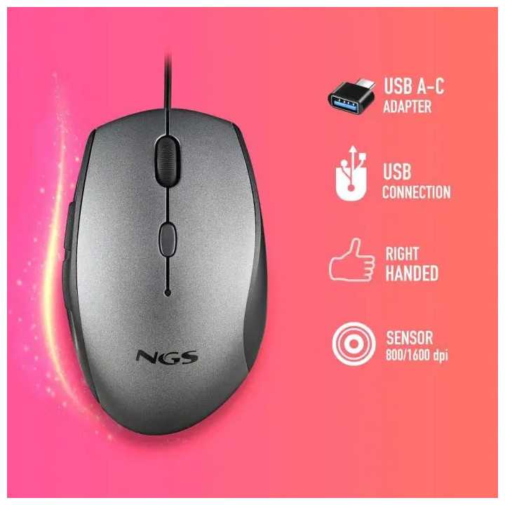 Mouse optic cu fir NGS Moth Gray 1600dpi silent click adaptor USB-C gri