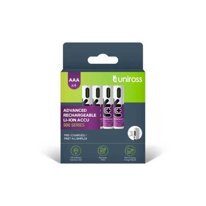 Set acumulatori Uniross AAA R3 Li-ion 10440 1.5V 500mAh cu incarcare USB-C 4buc