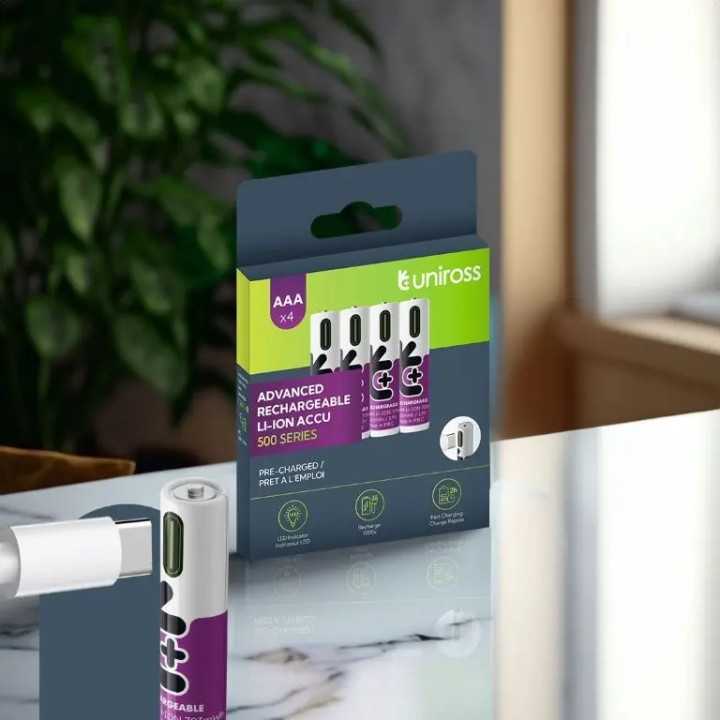 Set acumulatori Uniross AAA R3 Li-ion 10440 1.5V 500mAh cu incarcare USB-C 4buc