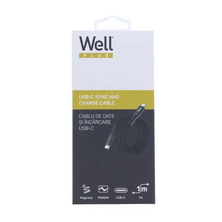 Cablu magnetic USB-C - USB-C 1m 3A/20V 60W negru Well CABLE-USBC/USBC-1BK07-WL