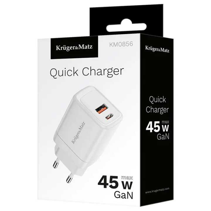 Incarcator retea rapid Kruger&Matz KM0856 PD QC GAN 45W PPS 1x USB-A /1x USB-C alb
