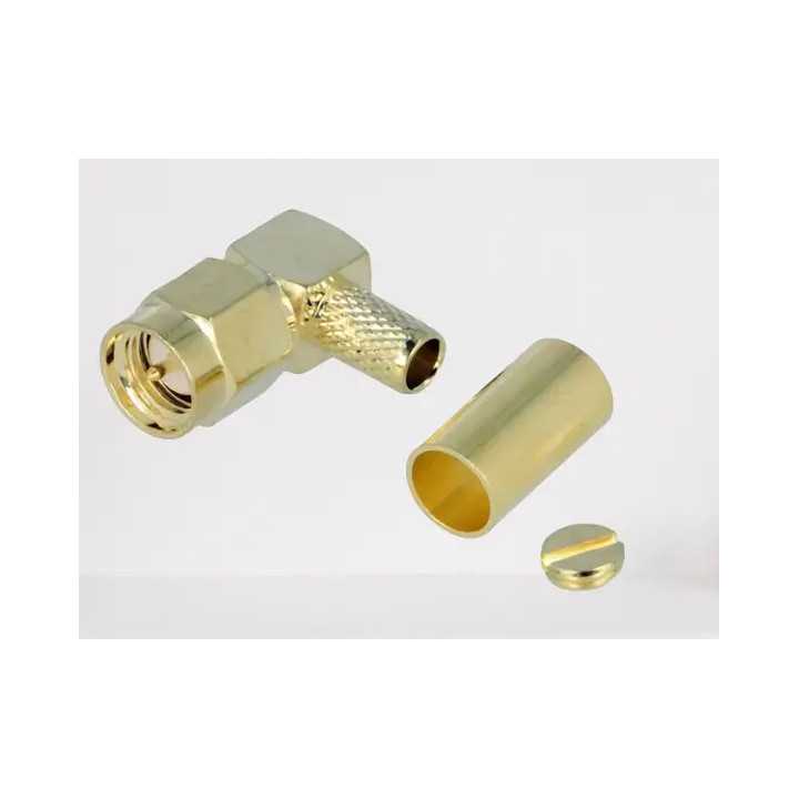 Conector SMA mufa tata unghi 90 grade aurit RG58 de crimpat pe cablu H3473A COPPER