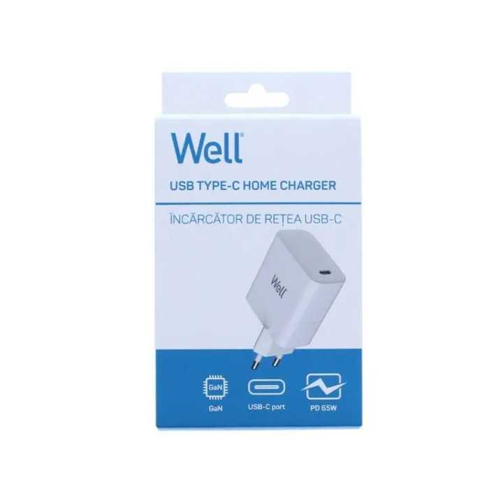Incarcator retea 100-240V - USB-C Well GaN PD 65W 5V/3A 9V/3A 12V/3A 15V/3A 20V/3.25A alb