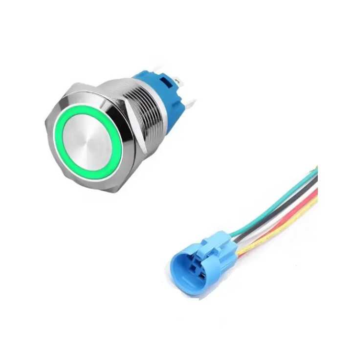 Intrerupator buton LED verde SW 4 OFF-(ON) fara retinere metal 22mm 12-24V