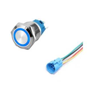 Intrerupator buton SW 4 ON-OFF cu retinere metal 22mm 12-24V LED albastru