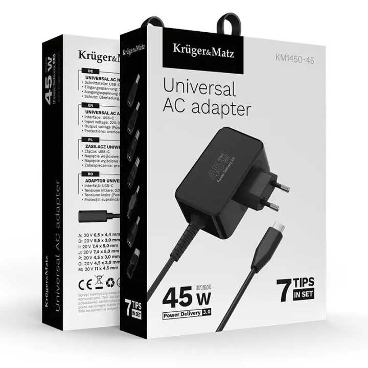 Alimentator Universal 45W PD USB-C + 7 adaptoare Kruger&Matz KM1450-45