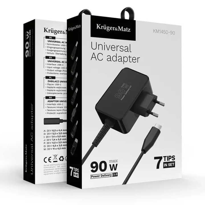 Alimentator Universal 90W PD USB-C + 7 adaptoare Kruger&Matz KM1450-90
