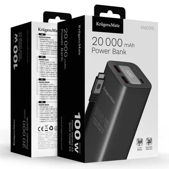 Power Bank 20000mAh 100W QC3.0 PD3.0 USB-C /USB-A Afisaj LCD Kruger&Matz KM0915