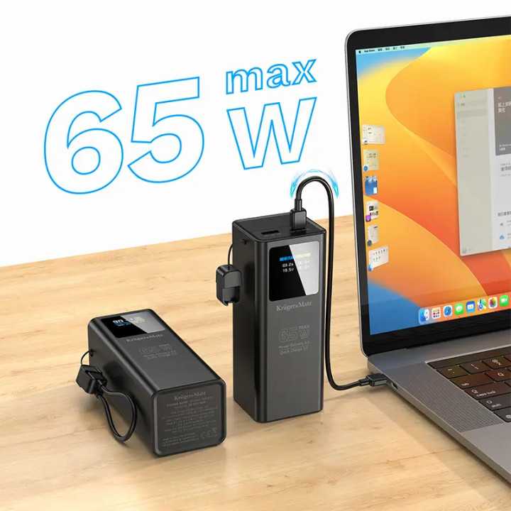 Power Bank 20000mAh 65W QC3.0 PD3.0 USB-C /USB-A Afisaj LCD Kruger&Matz KM0914