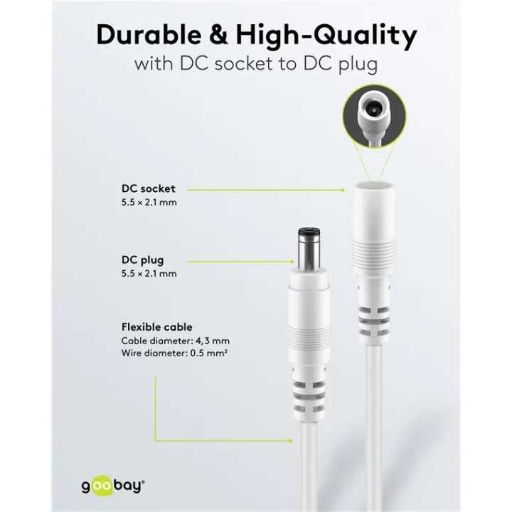 Cablu prelungitor DC 5.5/2.1 mufa - DC 5.5/2.1 soclu 1.5m 5A 2x0.5mm2 cupru drept alb Goobay 76674