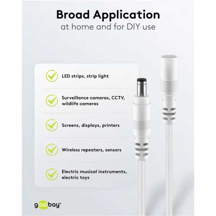 Cablu prelungitor DC 5.5/2.1 mufa - DC 5.5/2.1 soclu 1.5m 5A 2x0.5mm2 cupru drept alb Goobay 76674