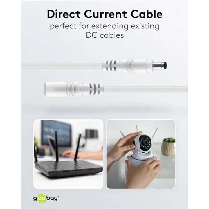 Cablu prelungitor DC 5.5/2.1 mufa - DC 5.5/2.1 soclu 1.5m 5A 2x0.5mm2 cupru drept alb Goobay 76674