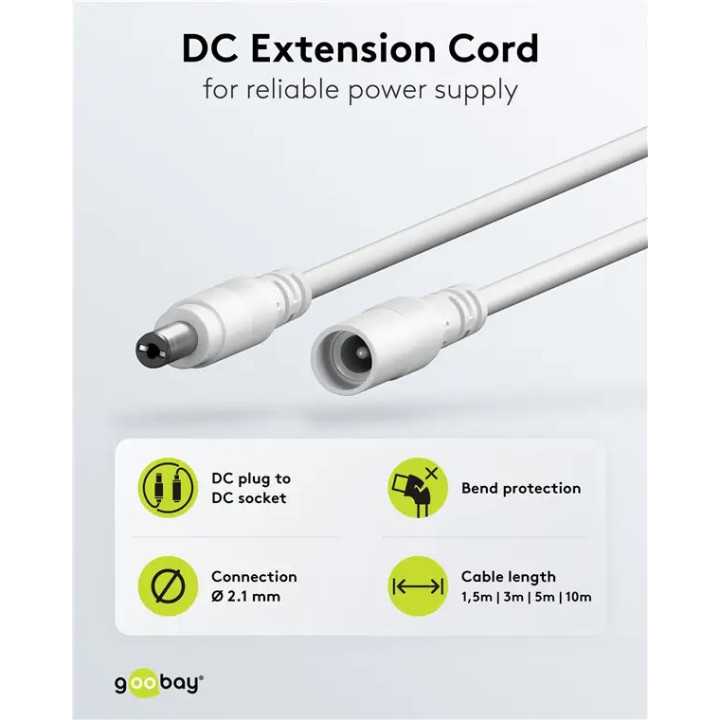 Cablu prelungitor DC 5.5/2.1 mufa - DC 5.5/2.1 soclu 10m 5A 2x0.5mm2 cupru drept alb Goobay 76677