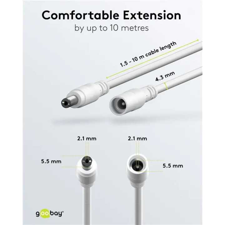 Cablu prelungitor DC 5.5/2.1 mufa - DC 5.5/2.1 soclu 10m 5A 2x0.5mm2 cupru drept alb Goobay 76677