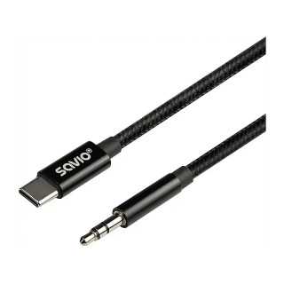Cablu USB C tata la Jack 3.5 mm tata 1m negru textil SAVIO CL-187