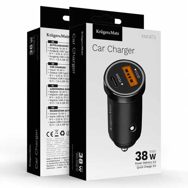 Incarcator auto Kruger&Matz KM0873 12-24V - USB-A /TYPE C QC3.0 PD 38W
