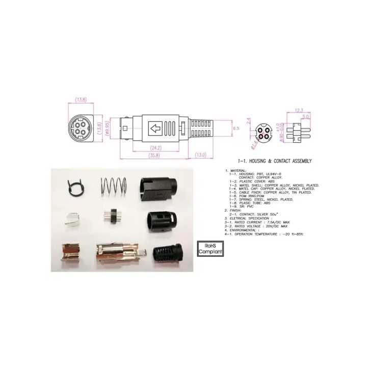 Mufa conector alimentare DC tata R7B 4 pini lipire 6.5mm montare pe cablu Ninigi PC-MDP-402-4P
