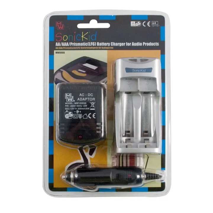 Incarcator acumulatori NiCd /NiMH AA /AAA /Prismatic LF6 cu LED Delta-V control 230VAC + adaptor 12VDC pentru bricheta auto Soni