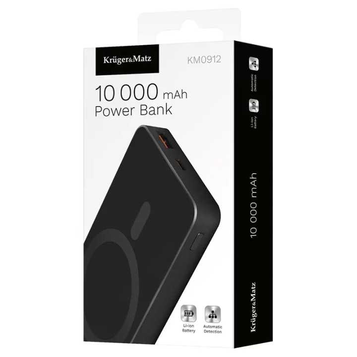 Power Bank inductie Kruger&Matz KM0912 10000mAh Li-ion Mag Safe wireless 15W / USB-C 20W /USB-A 25W