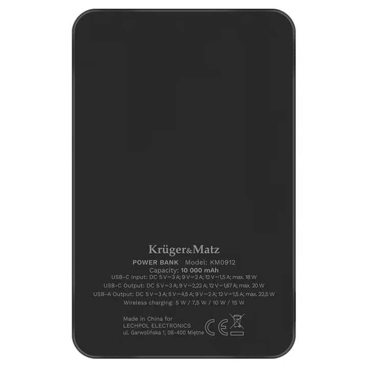 Power Bank inductie Kruger&Matz KM0912 10000mAh Li-ion Mag Safe wireless 15W / USB-C 20W /USB-A 25W