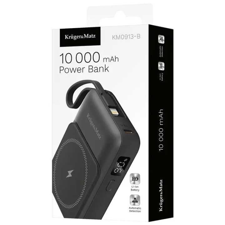 Power Bank inductie Kruger&Matz KM0913-B 10000mAh Li-ion Mag Safe wireless 15W / USB-C 20W /USB-A 22.5W / Lightning 10W