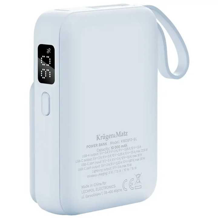 Power Bank inductie Kruger&Matz KM0913-BL 10000mAh Li-ion Mag Safe wireless 15W / USB-C 20W /USB-A 22.5W / Lightning 10W