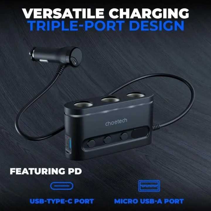 Multiplicator bricheta auto Choetech TC0021 3 iesiri 2x USB-C PD 30W 1x USB A QC3.0 18W