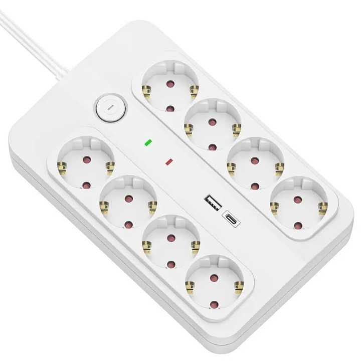 Prelungitor cu protectie Technik TP1255 8 prize 1x USB-A 1x USB-C cablu 3x1.5mmp 1.5m alb
