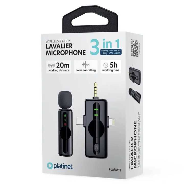 Microfon lavaliera wireless 3in1 3.5mm /USB-C /Ligtning Platinet PLMM11