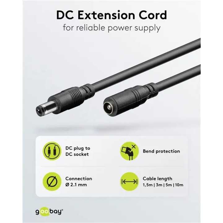 Cablu de extensie DC 5.5x2.1 mama-tata 2x0.5mm 1.5m 5A 140W negru Goobay 76635