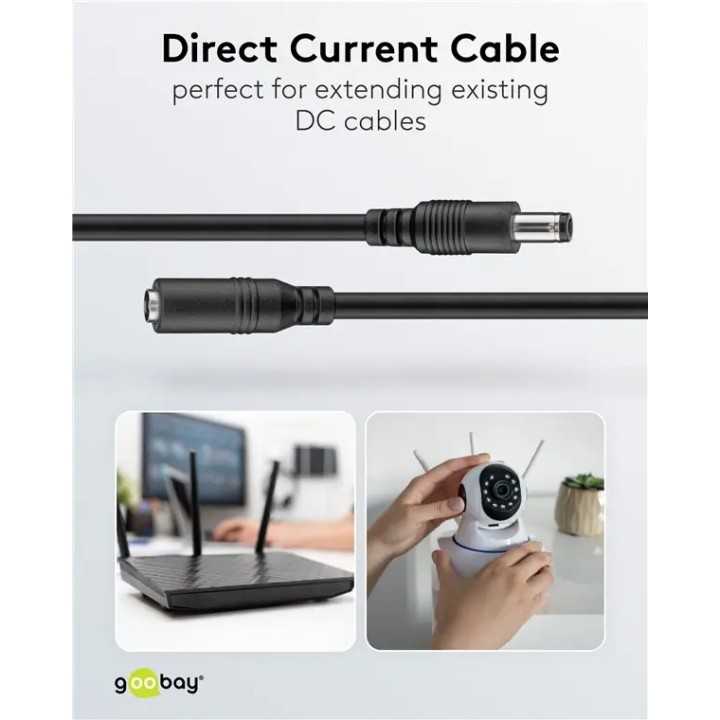 Cablu de extensie DC 5.5x2.1 mama-tata 2x0.5mm 5m 5A 120W negru Goobay 76671