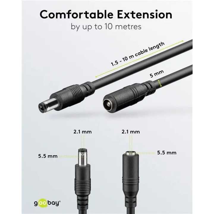 Cablu de extensie DC 5.5x2.1 mama-tata 2x0.5mm 5m 5A 120W negru Goobay 76671