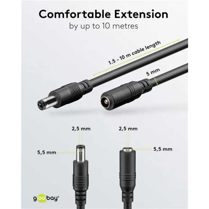 Cablu de extensie DC mama-tata 5.5x2.5mm 5m negru Goobay 76673