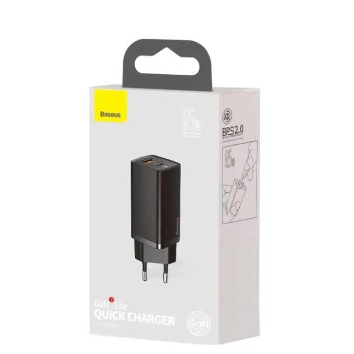 Incarcator retea Baseus GaN2 Lite Quick Charge 65W 1x USB 5V/3A 1x USB Type-C 5V/3A negru CCGAN2L-B01