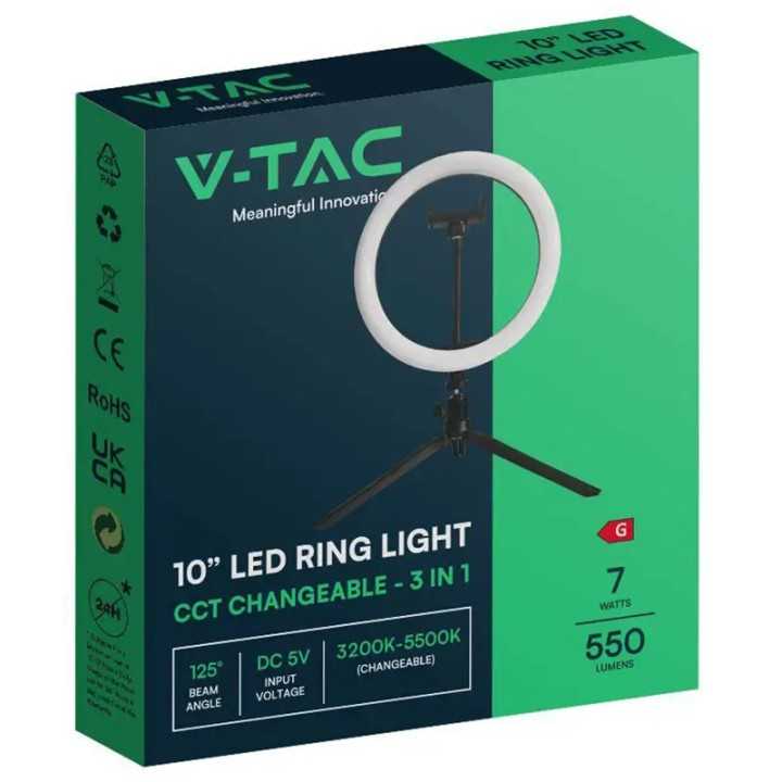 Selfie LED 7W 3200-5500K Ring Light 10" 3in1 cu alimentare USB V-tac SKU-23048