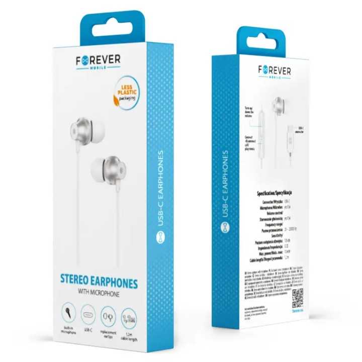 Casti stereo cu microfon mufa USB TYPE C 1.2m 32ohm alb FOREVER GSM187600