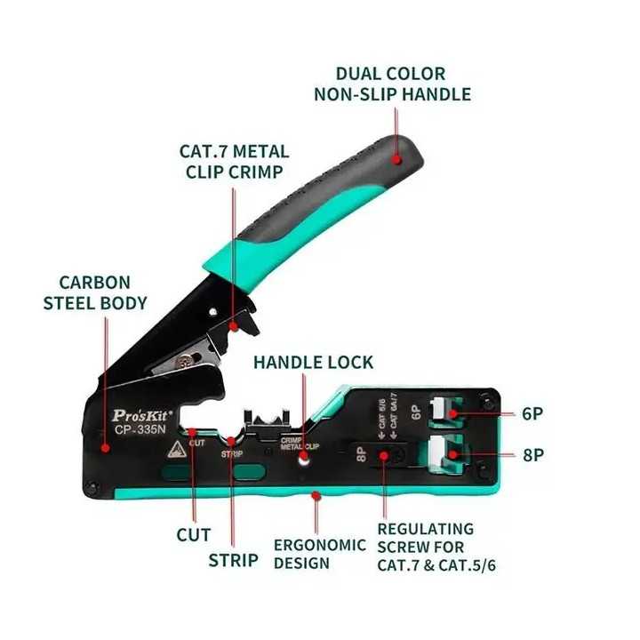 Cleste de sertizare modular RJ45 Cat5/ Cat6 /Cat7 3in1 taiere /dezizolare /sertizare Pro'sKit CP-335N