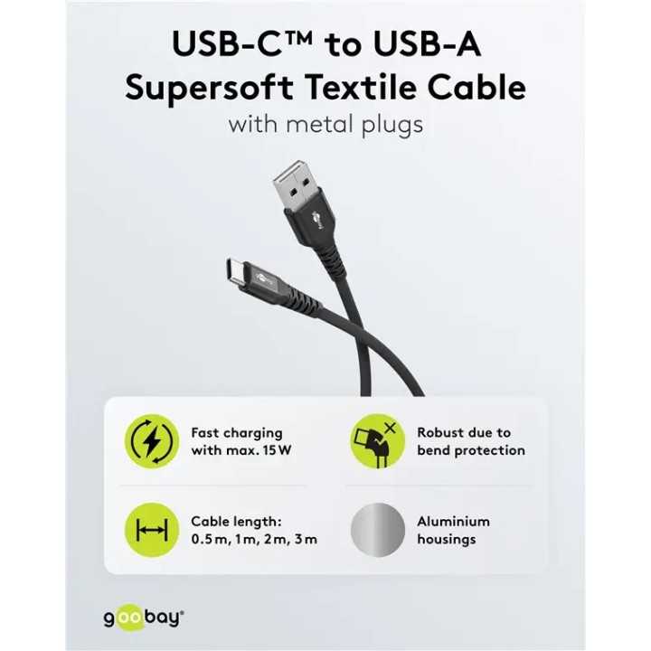 Cablu extrem de flexibil din silicon si textil 3m USB-C 3.1 - USB-A 3.0 Supersoft cu mufe metalice 3A 15W Goobay 74528