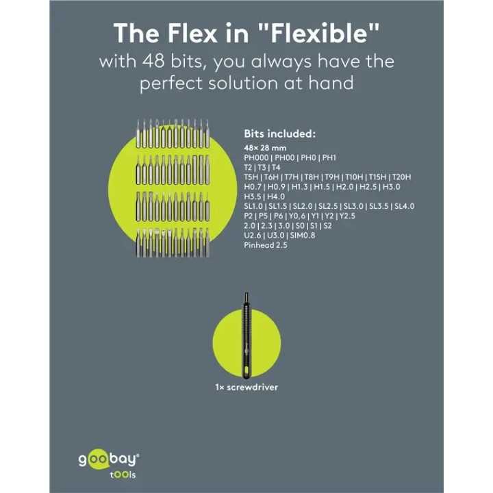 Set surubelnita de inalta calitate cu 48 biti 28mm otel S2 de precizie Goobay 77835