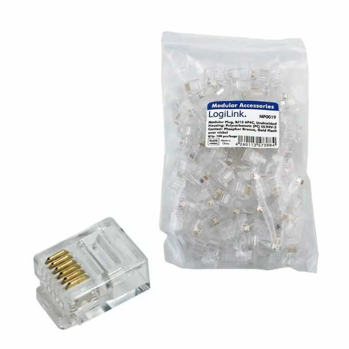 Set 100 conectori RJ12 6 pini 6P6C tata pe cablu LOGILINK MP0019-100