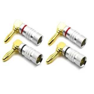 Set 4 mufe banana la 90 grade tata 4mm metal cu surub si inel negru si rosu SET-4-BANANA90/M-B+R