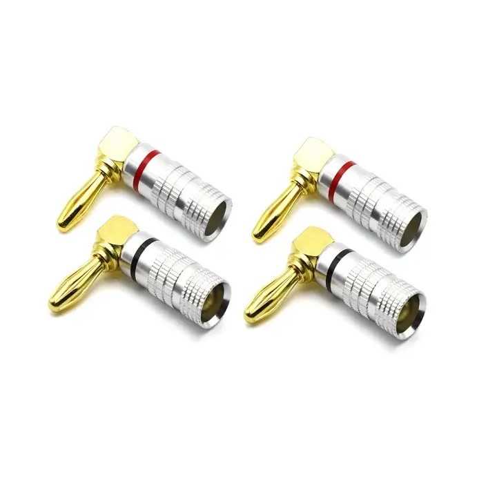 Set 4 mufe banana la 90 grade tata 4mm metal cu surub si inel negru si rosu SET-4-BANANA90/M-B+R