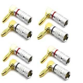 Set 8 mufe banana la 90 grade tata 4mm metal cu surub si inel negru si rosu SET-8-BANANA90/M-B+R