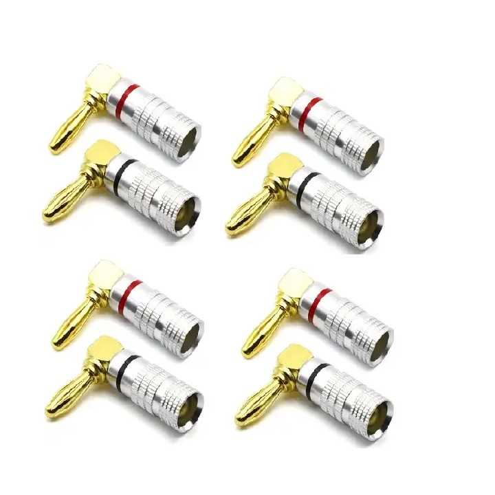 Set 8 mufe banana la 90 grade tata 4mm metal cu surub si inel negru si rosu SET-8-BANANA90/M-B+R