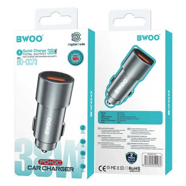 Incarcator auto 12-24V 38W 1x USB-C PD 20W + 1x USB-A QC 18W BWOO BO-CC73