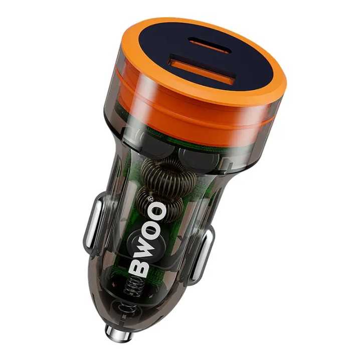Incarcator auto transparent 12-24V 38W 1x USB-C PD 20W + 1x USB-A QC 18W BWOO BO-CC85