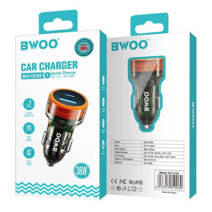 Incarcator auto transparent 12-24V 38W 1x USB-C PD 20W + 1x USB-A QC 18W BWOO BO-CC85