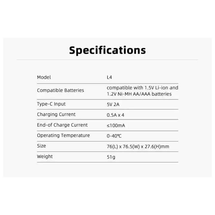 Incarcator acumulatori Li-ion si NiMH pentru 4 sloturi AA/ AAA USB-C XTAR L4 KT
